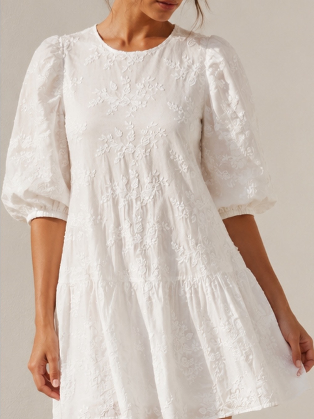 & Other Stories White Embroidered Puff-Sleeve Mini Dress